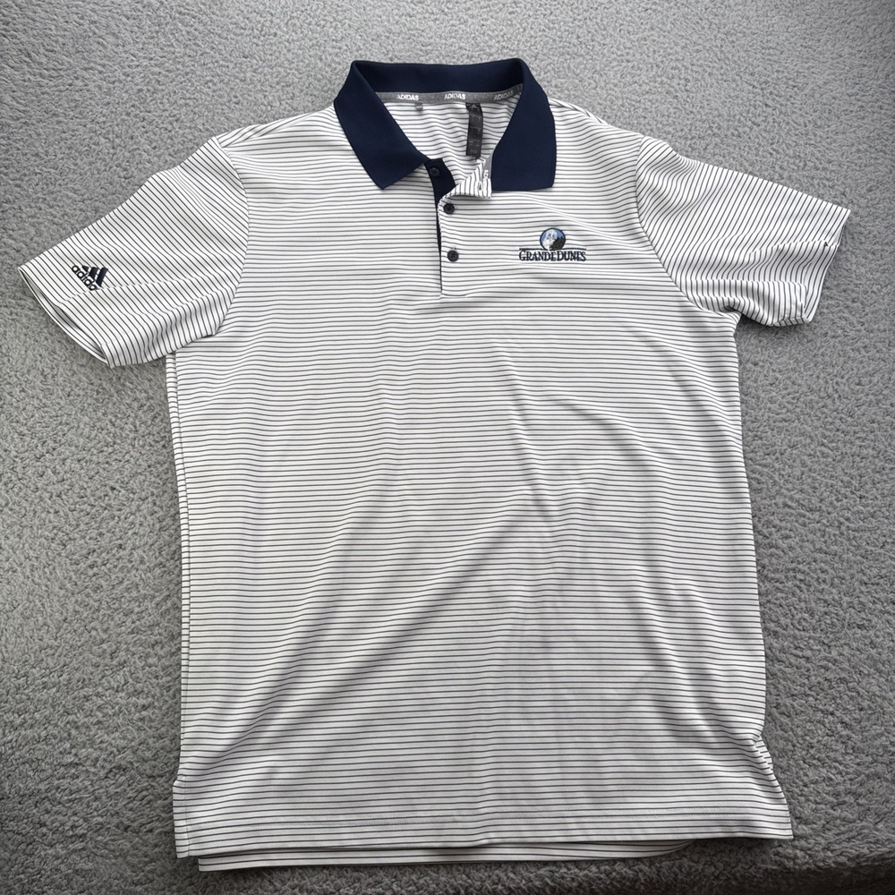 Adidas Polo Shirt Mens Large White Blue Stripe Golf Performance Grande Dunes